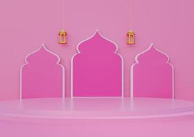 roze magenta islamitische decoratie achtergrond 3 moskee boog ontwerp groot product display podium met 2 hangende gouden traditionele lantaarn glanzend vloer 3D-rendering afbeelding foto