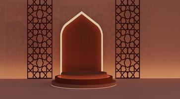 goudbruin islamitische decoratie achtergrond product display podium op boog ontwerp met licht 3D-rendering afbeelding foto