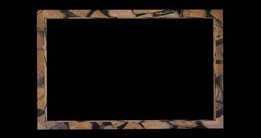 realistische houten frame sjabloon. rechthoekige blanco voor afbeelding gelijmd van 3d render van ruwe staven met zaagsneden. kleurrijke natuurlijke decoratie met eco-interieurtexturen foto