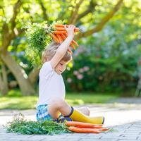 schattig klein kind met wortelen in binnenlandse tuin