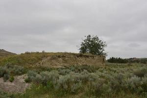 landelijke buttes en struikgewas in het landschap van Noord-Dakota foto