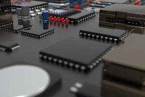 printplaat met microchips, processors en andere computeronderdelen op een donkere achtergrond. 3D render foto