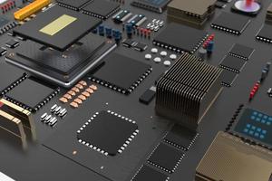 printplaat met microchips, processors en andere computeronderdelen op een donkere achtergrond. 3D render foto