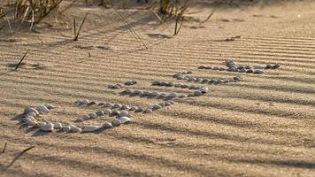 met schelpen gelegd symbool geluk op het strand van de Oostzee in het zand foto