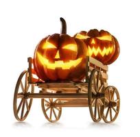 Halloween-pompoenen in boerderijwagen die op witte achtergrond wordt geïsoleerd foto