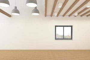 Scandinavische lege kamer met hanglamp en raam, witte muur en houten vloer. 3D-rendering foto