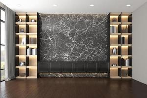 moderne luxe lege kamer met tv-kast en boekenplank, zwart marmeren muur en houten vloer. 3D-rendering foto