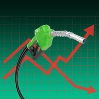 groen brandstofmondstuk of tankpistool met grafische groei en vallen. olieprijzen groeien. olieprijzen stijgen. rode pijlen geven stijgende en dalende prijzen voor aardolieproducten op de markt aan. foto