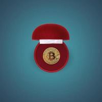 gouden bitcoin munt in een rode geschenkdoos op blauwe achtergrond. creatief concept idee. cryptogeld, handel. investering. plat lag, bovenaanzicht. foto