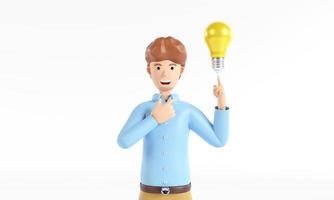 cartoon zakenman karakter hand met een grote lamp geïsoleerd op een witte achtergrond. concept van creativiteit. 3D illustratie. foto