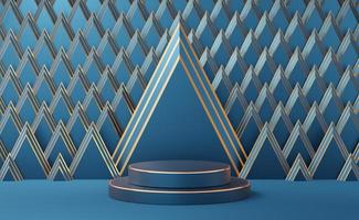 lege blauwe cilinder podium met gouden rand op art deco gouden driehoek patroon achtergrond. abstracte minimale studio 3d geometrische vormobject. mockupruimte voor weergave van productontwerp. 3D-rendering. foto