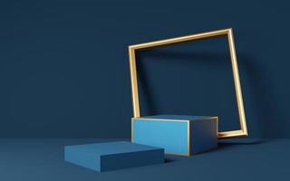 2 leeg blauw kubuspodium met gouden frame dat tegen blauwe muurachtergrond wordt geplaatst. abstracte minimale studio 3d geometrische vormobject. mockupruimte voor weergave van productontwerp. 3D-rendering. foto