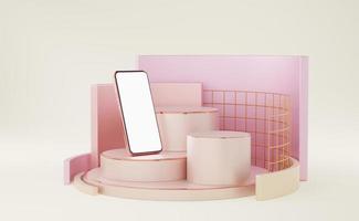 oud roze mobiel op het podium van de telefooncilinder met koperen rand, gouden raster, roze vierkante muur op de achtergrond. voetstuk luxe mockup-ruimte voor weergave van app. smartphone met leeg wit scherm. 3D render. foto