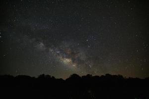 melkweg en silhouet van boom in phu hin rong kla nationaal park, phitsanulok thailand, foto met lange blootstelling met graan