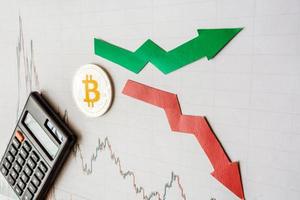 schommelingen en voorspelling van wisselkoersen van virtueel geld bitcoin. rode en groene pijlen met gouden bitcoin ladder op grijs papier forex grafiek achtergrond met rekenmachine. cryptocurrency-concept. foto