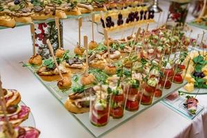 horeca. eten buiten het terrein. buffettafel met diverse canapés, sandwiches, hamburgers en snacks. foto