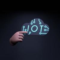 hand met neon iot-logo. internet van ding concept. 3D render illustratie. foto