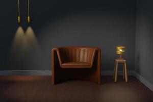 bruine leren bank met gouden lamp op houten tafel en hanglamp 3d illustratie, lege 1 zetels luxe bank in navi blauwe kamer achtergrond foto