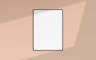 schoon en minimalistisch vooraanzicht verticaal zwart foto- of posterframemodel dat aan de muur hangt met schaduwoverlay. 3D-rendering. foto