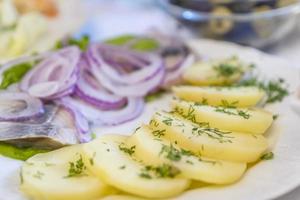 close-up van gesneden gekookte aardappel, rode ui en haring op een witte plaat foto