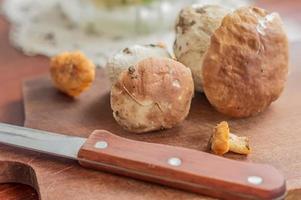 cantharellen en boletus edulis op houten bureau foto