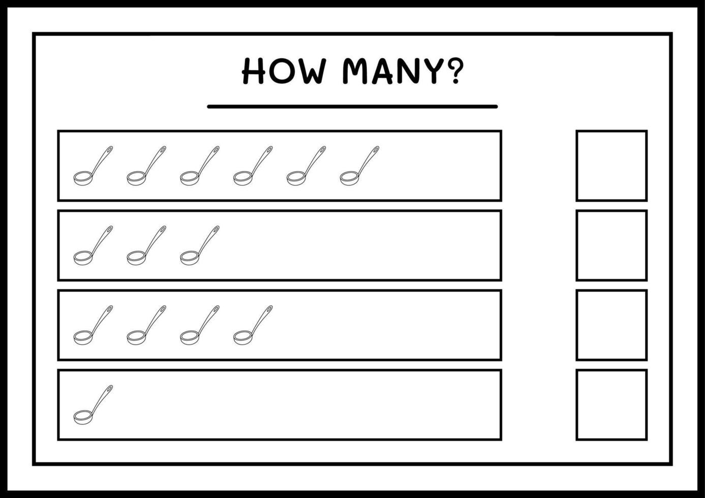 hoeveel pollepel, spel voor kinderen. vectorillustratie, afdrukbaar werkblad vector