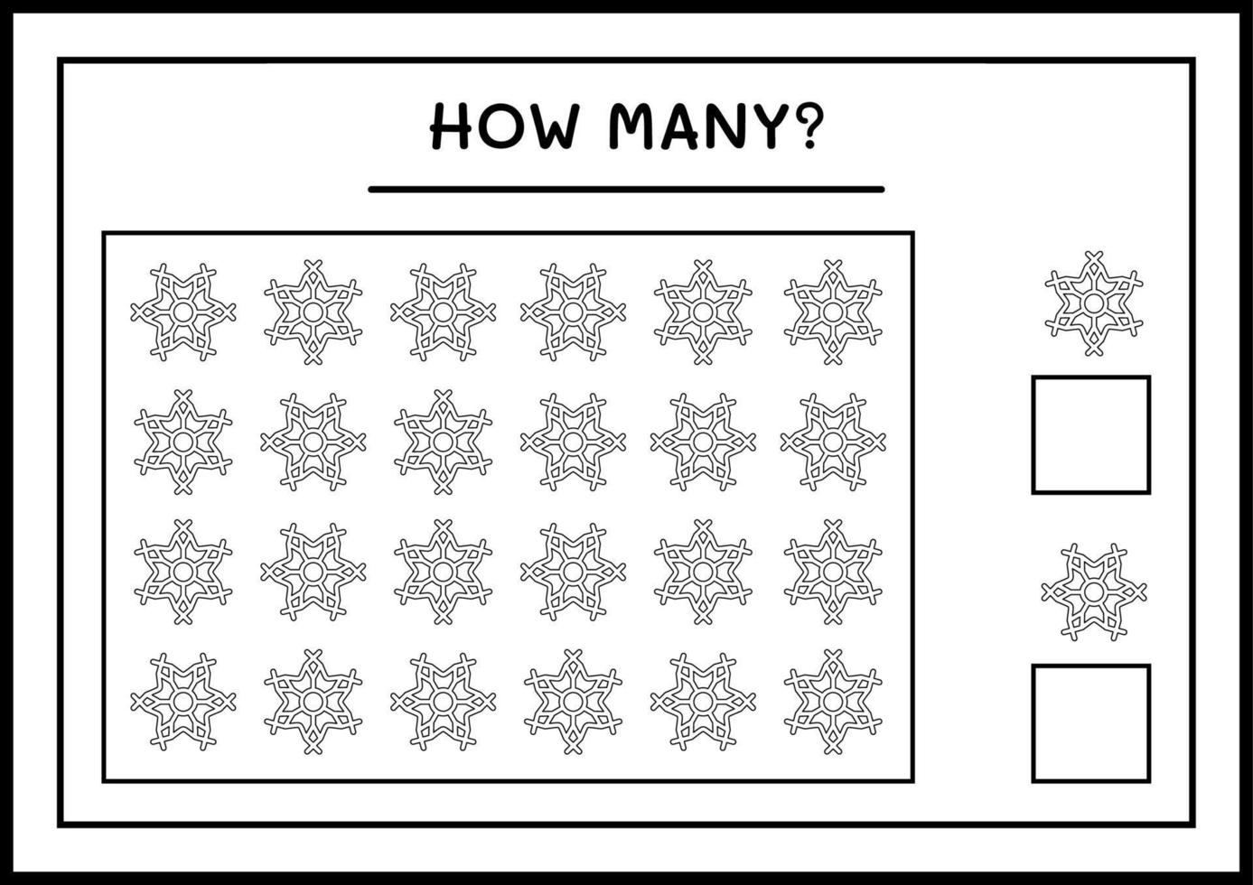 hoeveel sneeuwvlok, spel voor kinderen. vectorillustratie, afdrukbaar werkblad vector