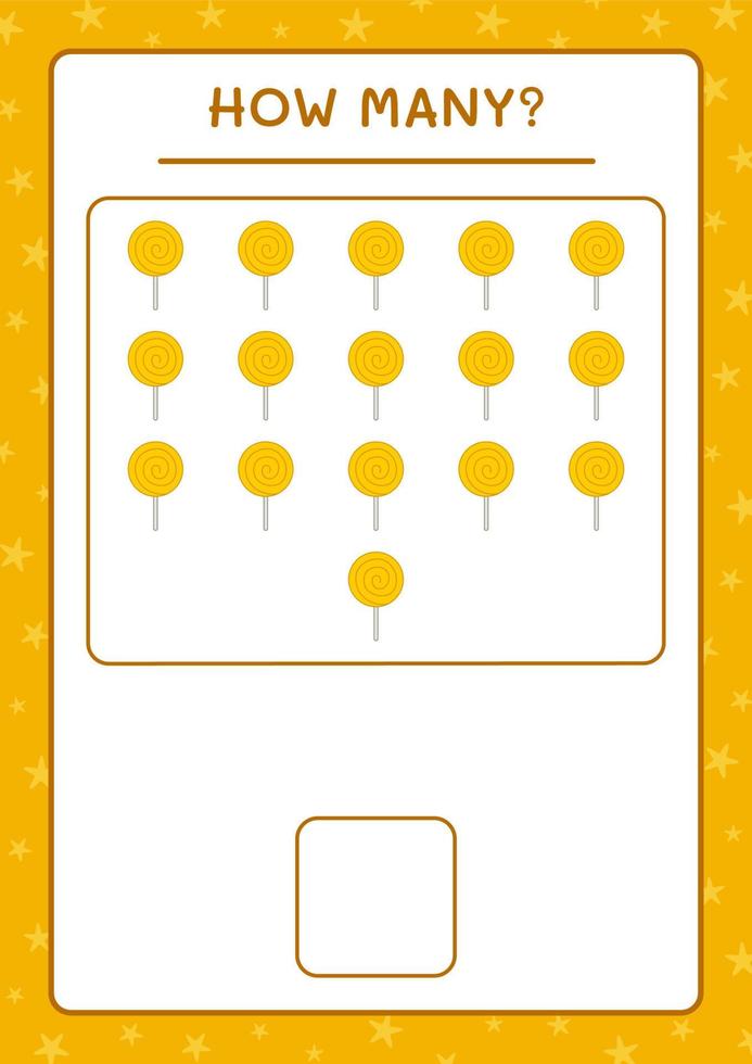 hoeveel lolly, spel voor kinderen. vectorillustratie, afdrukbaar werkblad vector