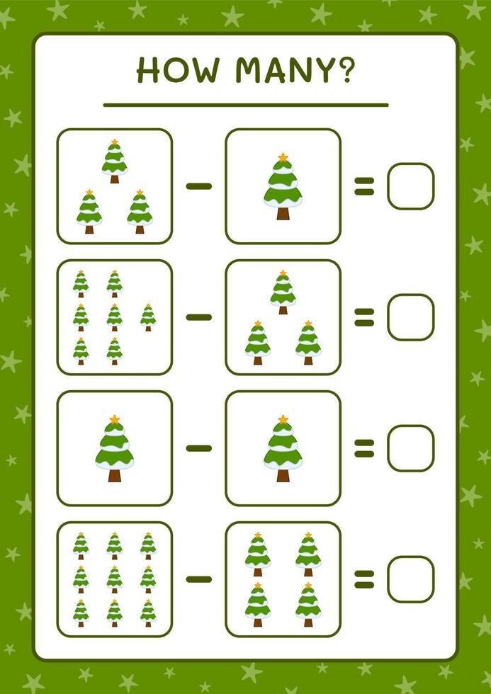 hoeveel kerstboom, spel voor kinderen. vectorillustratie, afdrukbaar werkblad vector