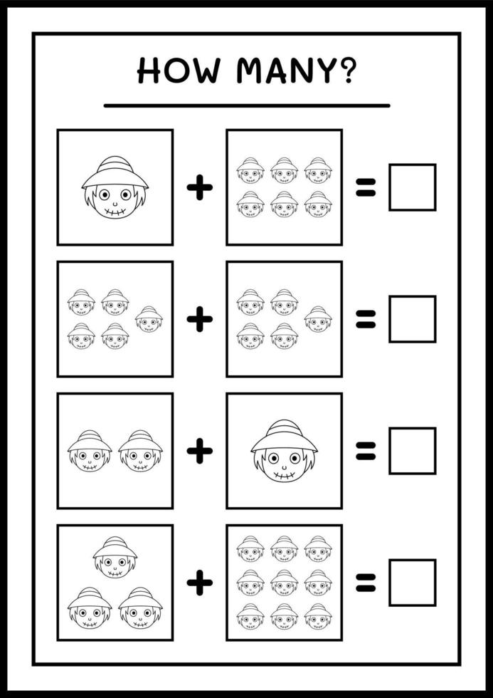 hoeveel vogelverschrikker, spel voor kinderen. vectorillustratie, afdrukbaar werkblad vector