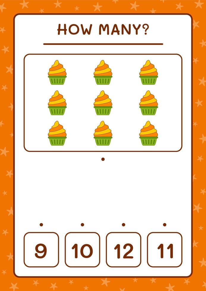 hoeveel cup cake, spel voor kinderen. vectorillustratie, afdrukbaar werkblad vector