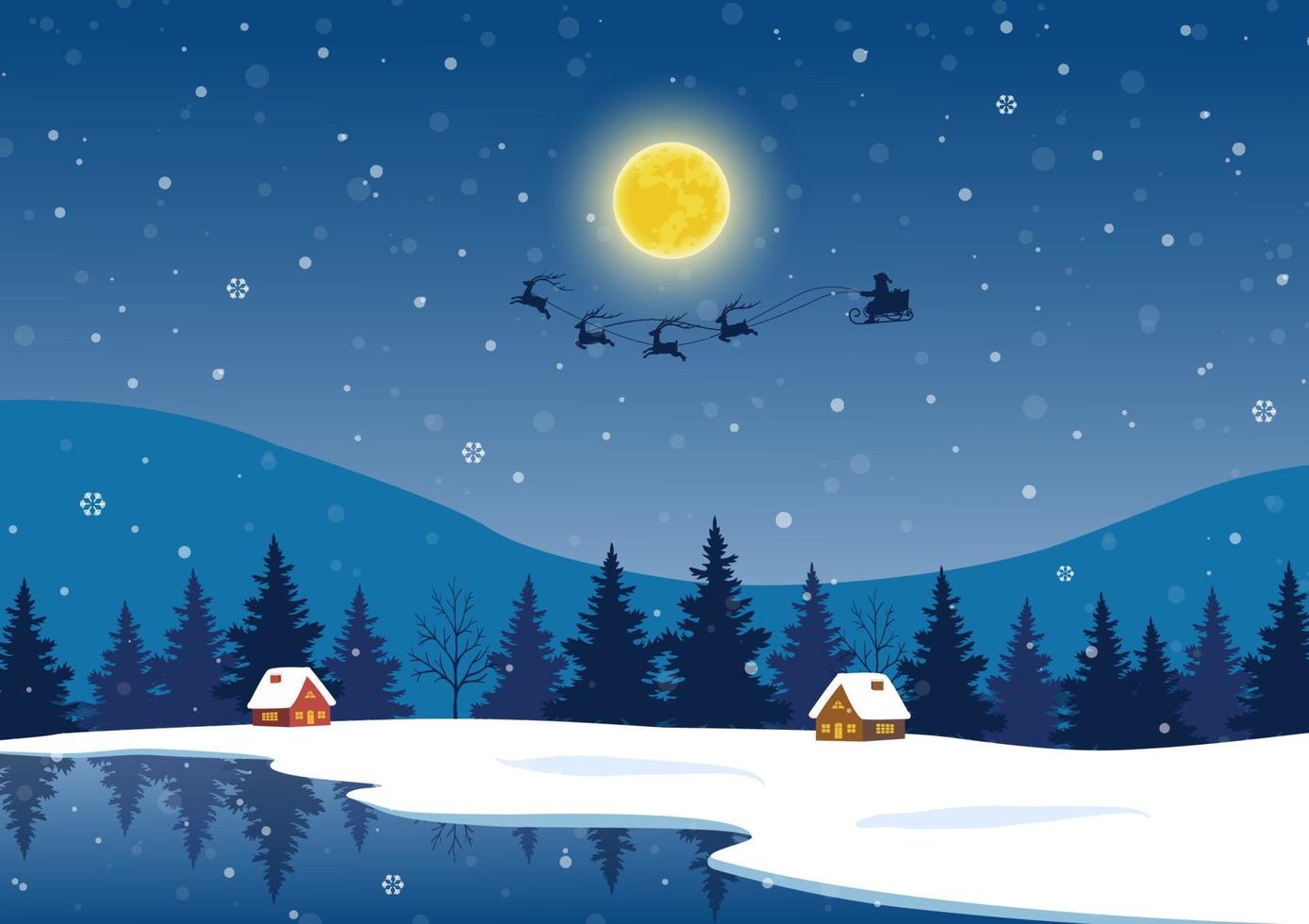 winterachtergrond met de kerstman die naar het platteland komt op het bevroren meer bij nachtscène vector