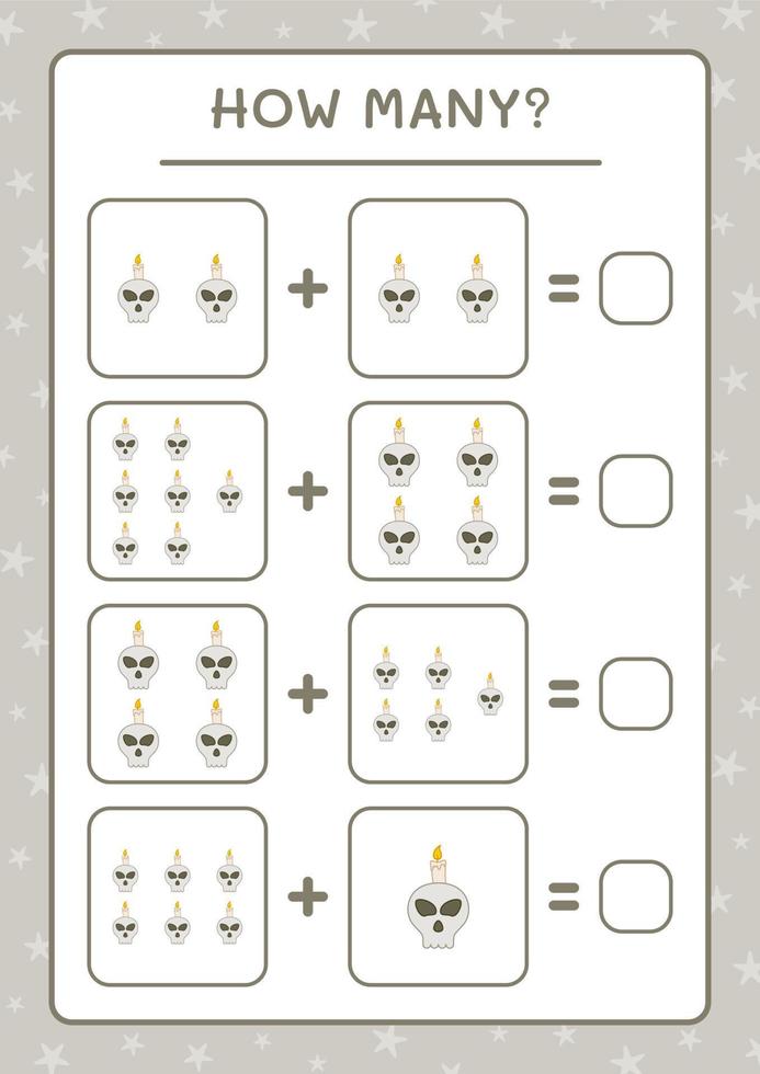 hoeveel schedel met kaars, spel voor kinderen. vectorillustratie, afdrukbaar werkblad vector