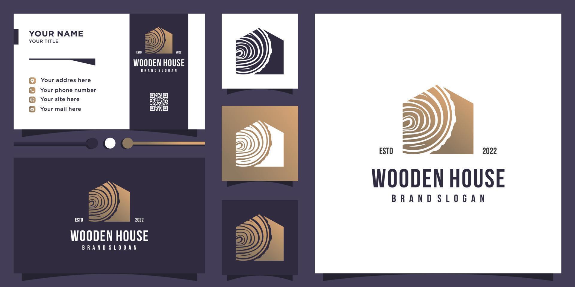 houten huis logo-ontwerp met creatief element concept premium vector