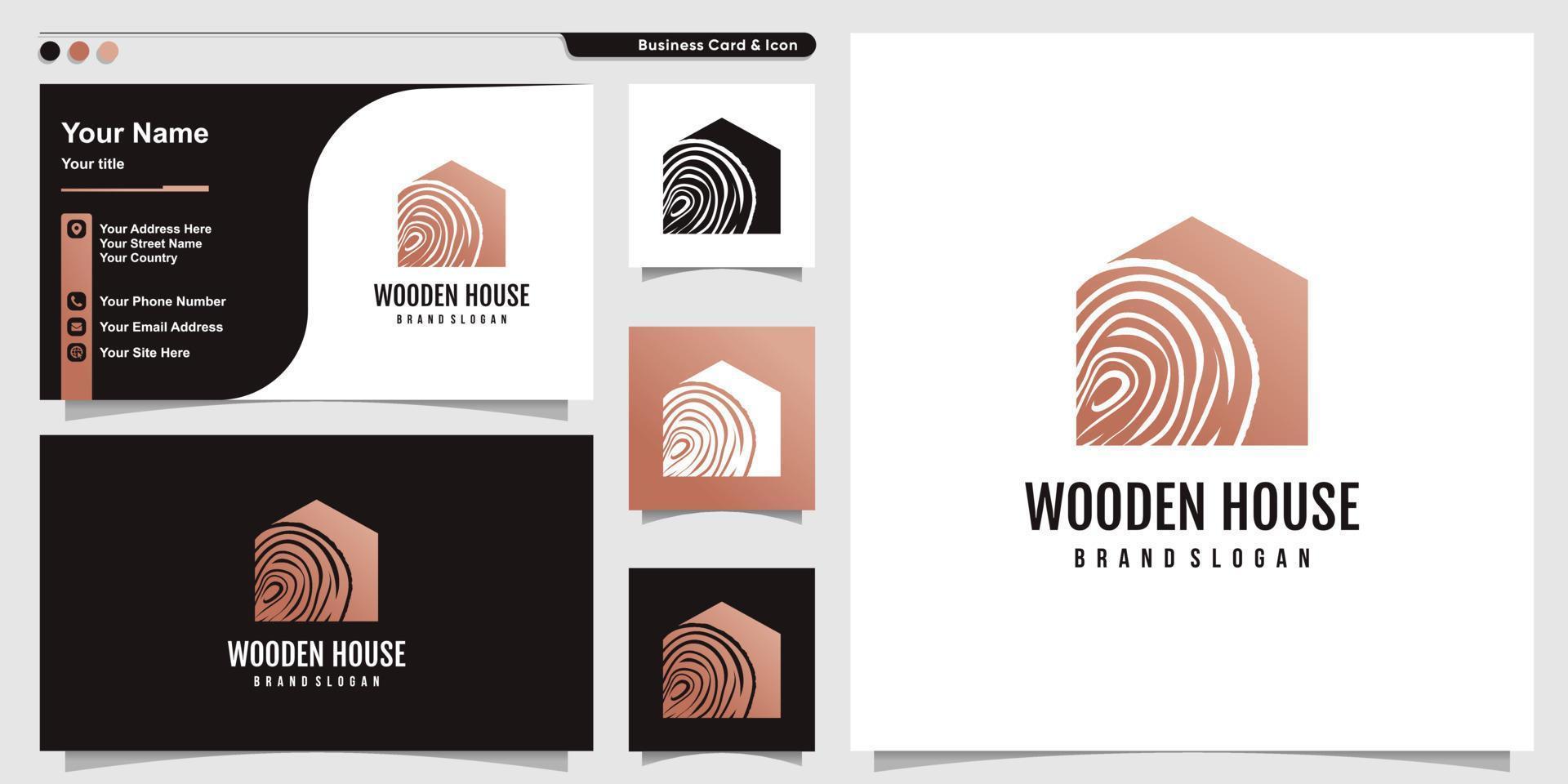 houten huis logo-ontwerp met creatief element concept premium vector