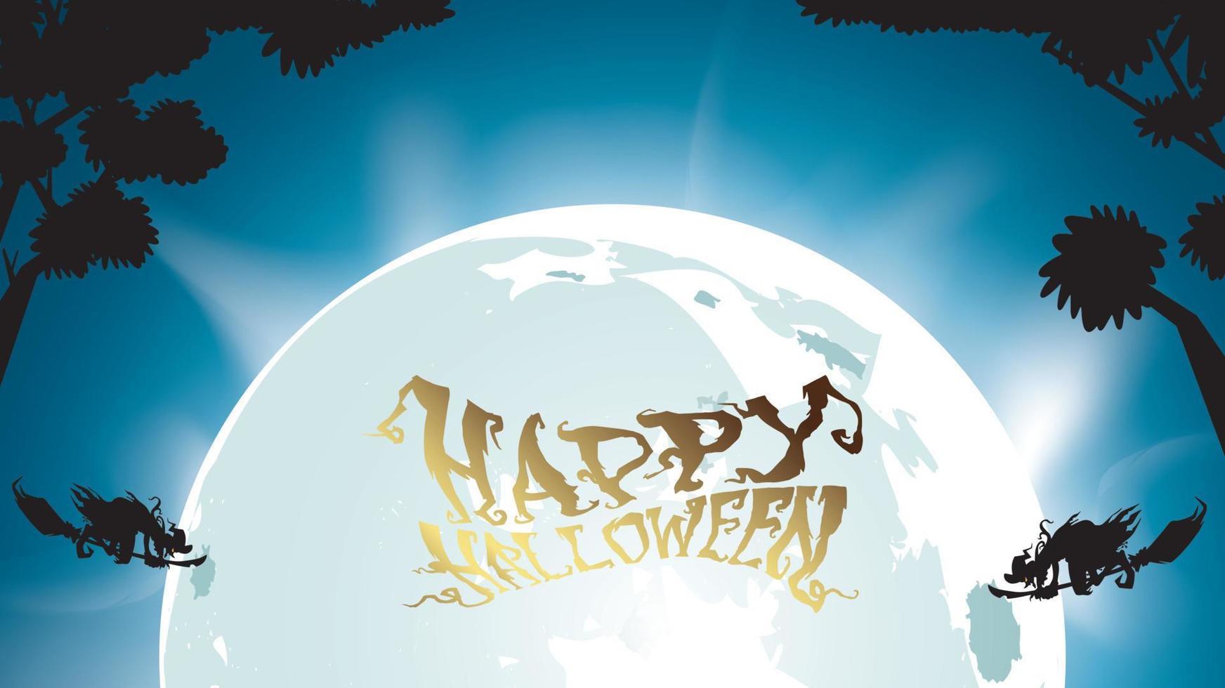 donkere gelukkige halloween en heksenvlieg met maan op blauwe hemelillustratie. flyer of uitnodigingssjabloon voor banner, feest, uitnodiging. vectorillustratie met plaats voor uw tekst en kopieer ruimte vector