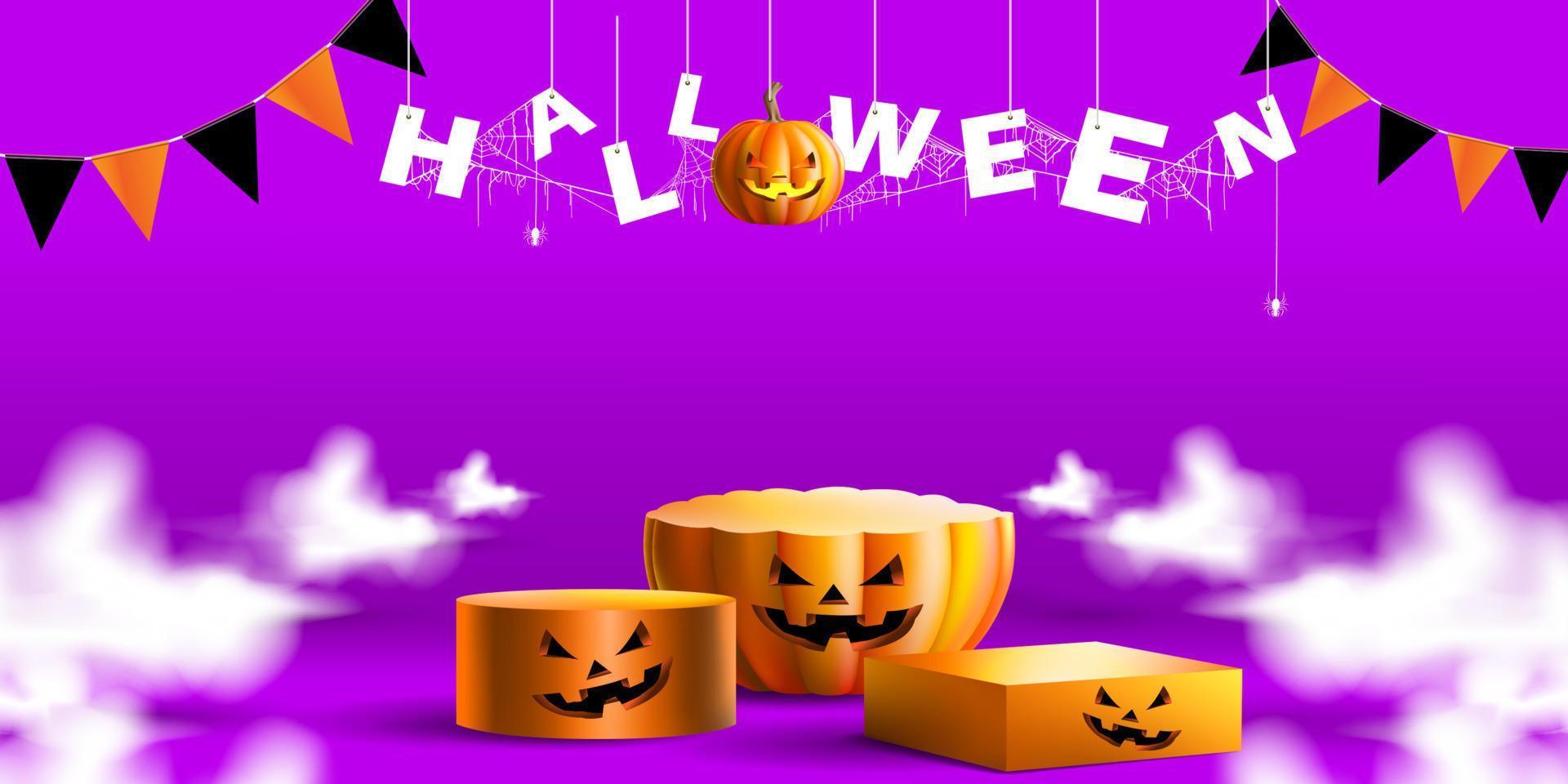 halloween-achtergrond met productvertoning en geometrisch vormpodium. standshow promo met pompoen en mystieke rook vector