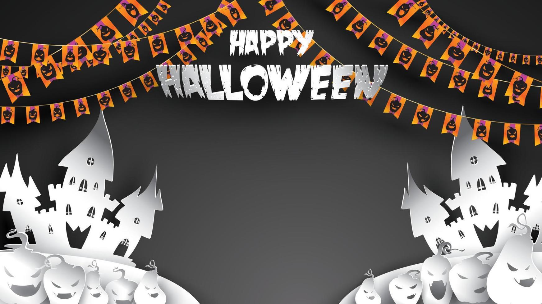 halloween-achtergrond met pompoen, spookhuis en volle maan in papierkunstsnijstijl. spandoek, poster, flyer of uitnodigingssjabloonfeest. vectorillustratie. vector