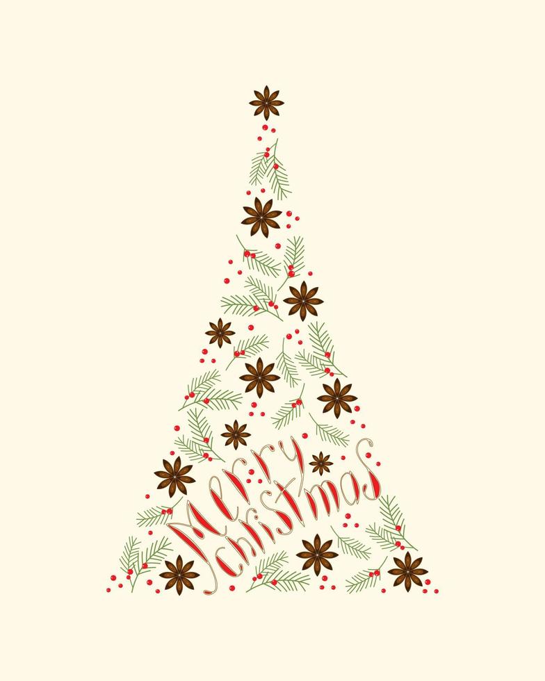 kerstboom met vrolijke kerstbelettering, handschrift, steranijsspar naaldboomtak jeneverbes rode bes. vector