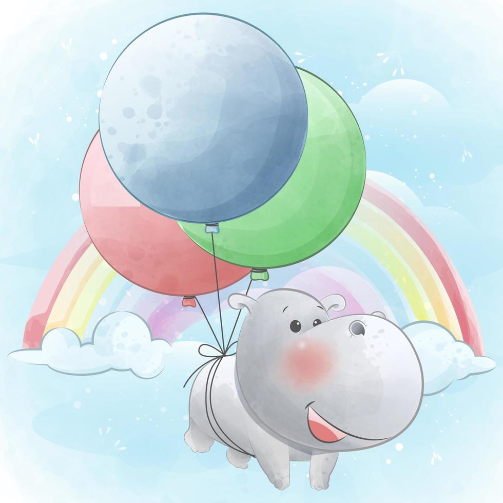 schattig klein nijlpaard dat met ballonnen vliegt vector