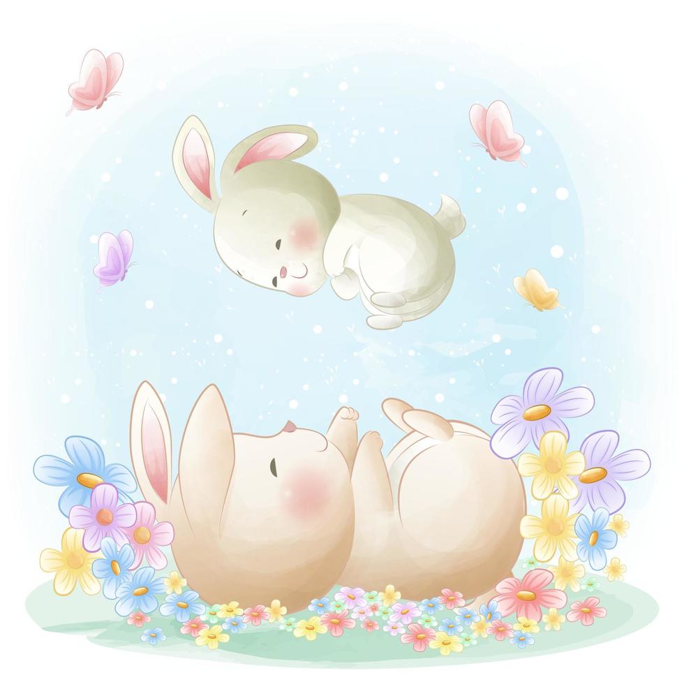 schattig moeder konijntje spelen met kleine konijn illustratie om af te drukken, babydouche, decoraties, uitnodigingen, wenskaarten vector