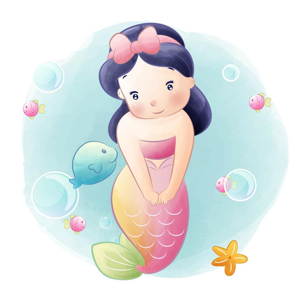 kleine zeemeermin karakter cartoon aquarel illustratie vector