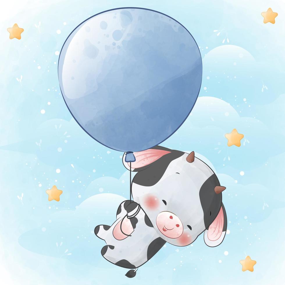 schattige kleine koe die met blauwe ballon vliegt vector