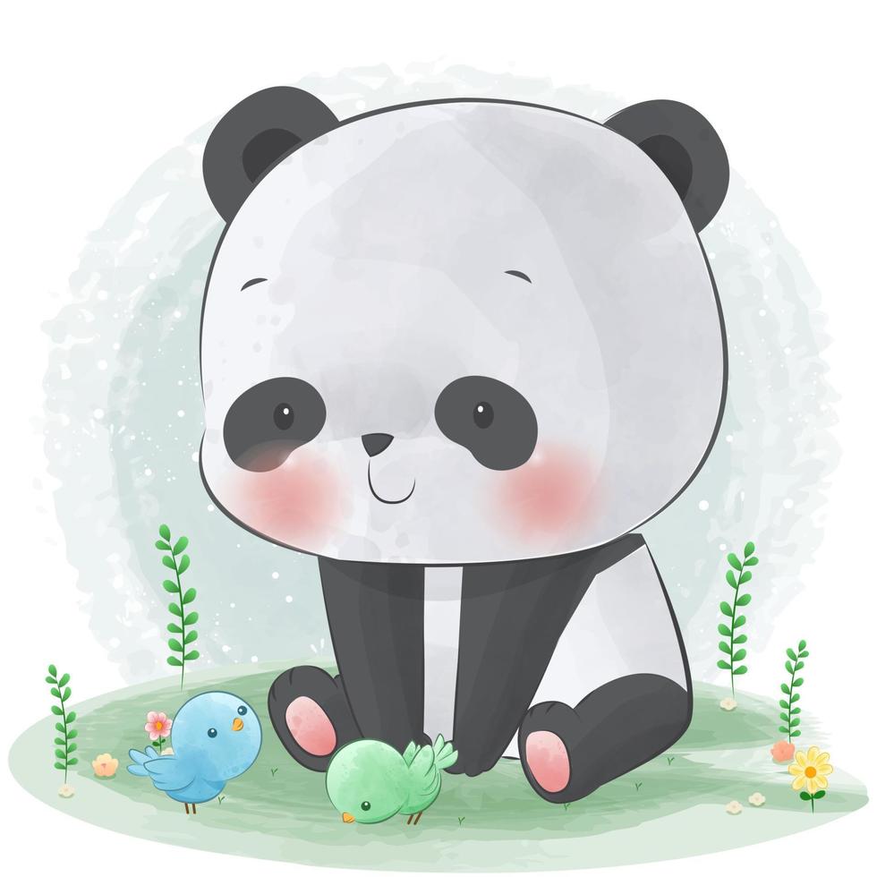 schattige panda aquarel met vogel kan worden gebruikt voor wenskaarten, feestuitnodigingen en baby shower vector