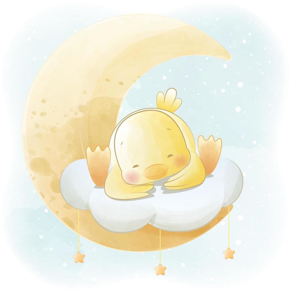 schattige baby eend slapen op de maan cartoon dieren aquarel illustratie vector