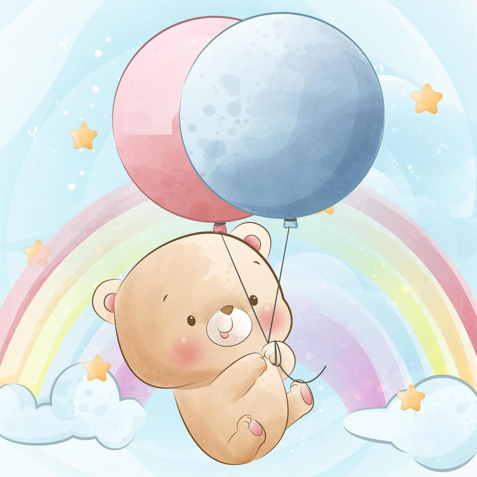 schattige teddybeer hangend aan een babyshower-personage met ballonnen vector