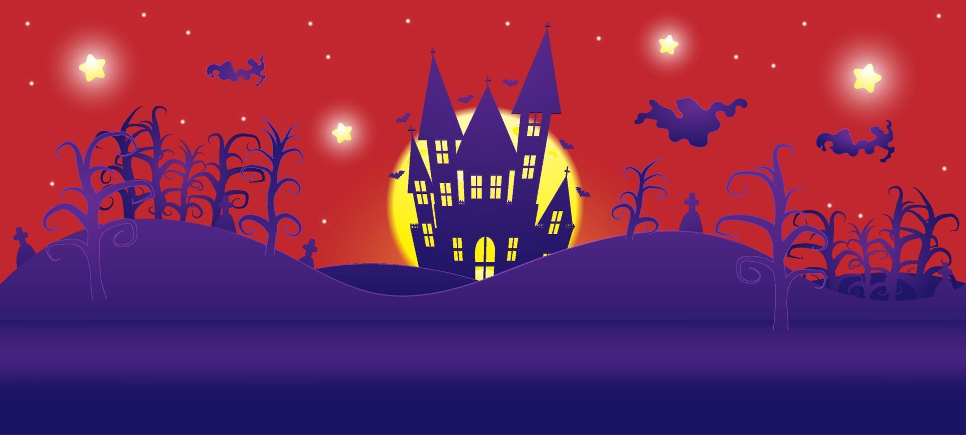 happy halloween party spookkasteel pompoenen hoofd paars en oranje achtergrondthema vector