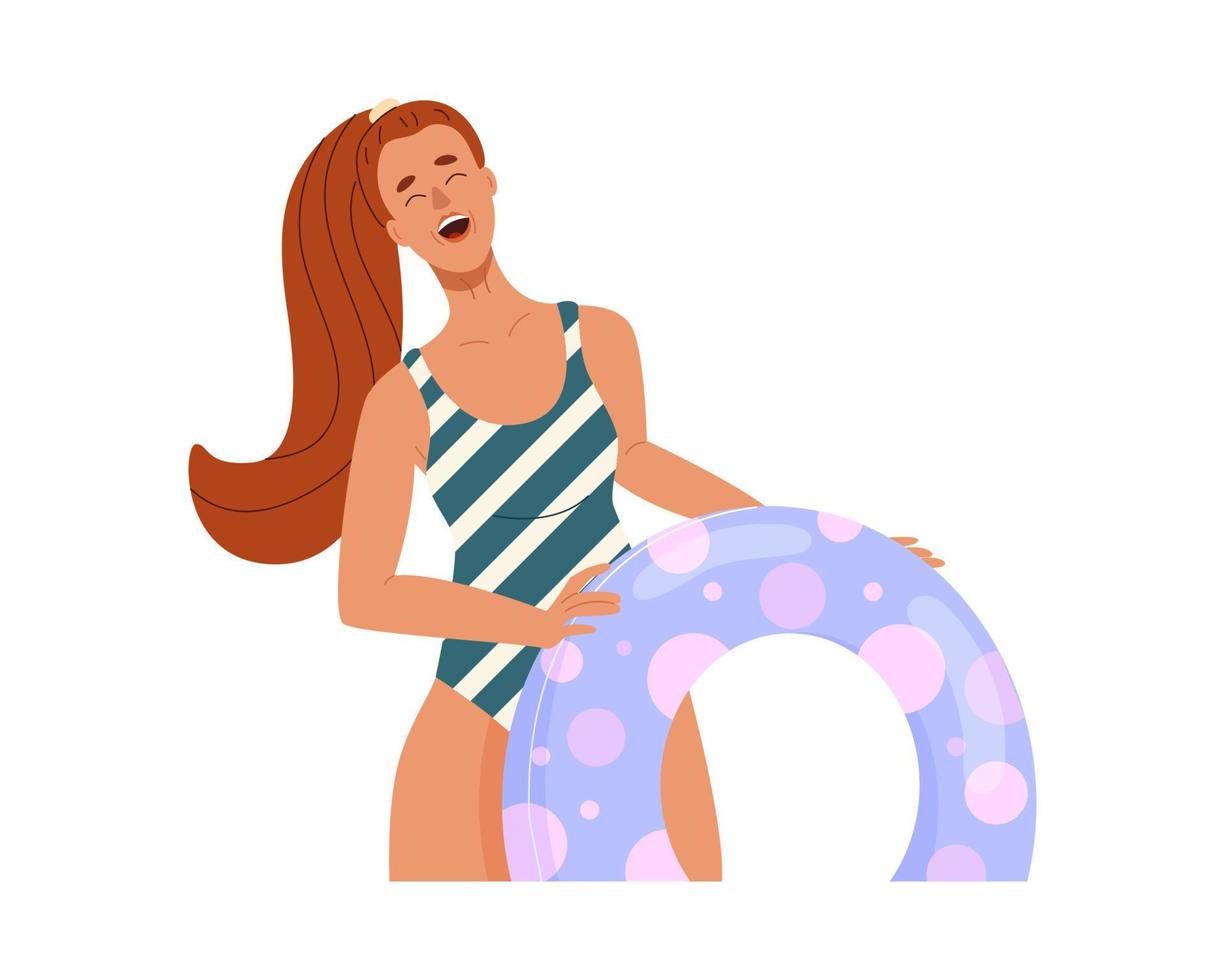 jonge lachende vrouw in gestript zwembroek met paarse float cirkel. gelukkig meisje klaar om te zwemmen en te ontspannen. kleur platte cartoon vectorillustratie geïsoleerd op een witte achtergrond vector