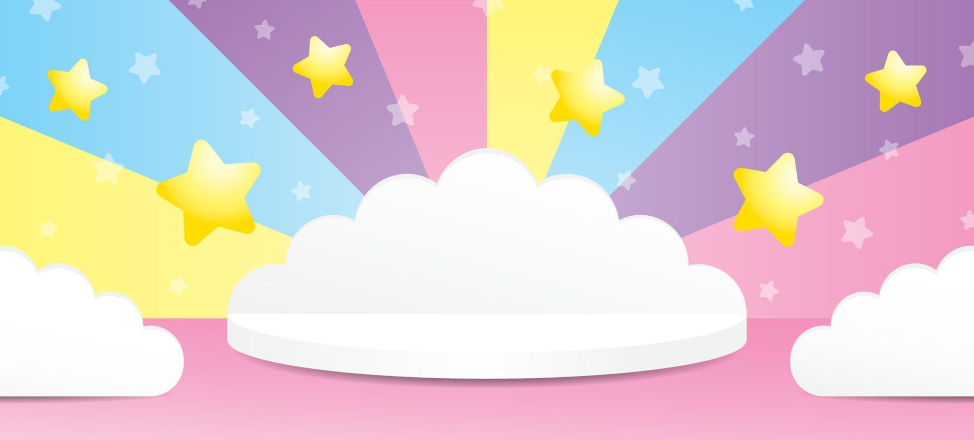schattig wit wolkvormpodium met sterrenelement op zoete kleurrijke pastelmuur en roze vloer 3d illustratie vectorscène voor het plaatsen van uw object vector