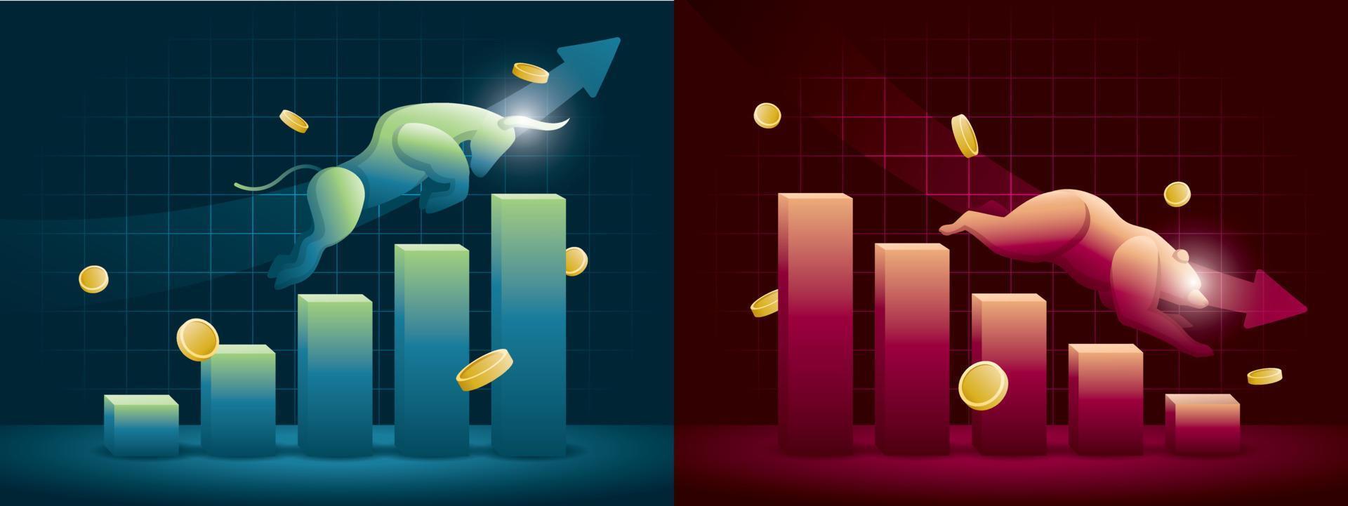 een stier rent omhoog op een opwaartse grafiek en een beer rent naar beneden op een neerwaartse grafiek. bullish en bearish markt illustratie vector